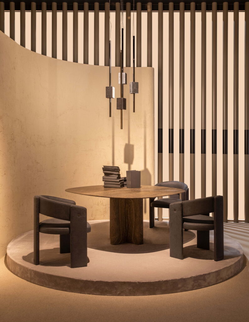 Fine-grained clay plaster TerraVista Smooth Panna (cream) color applied to walls of Trussardi Casa display at Milan Furniture Fair. Design and photo by Luxury Living Group