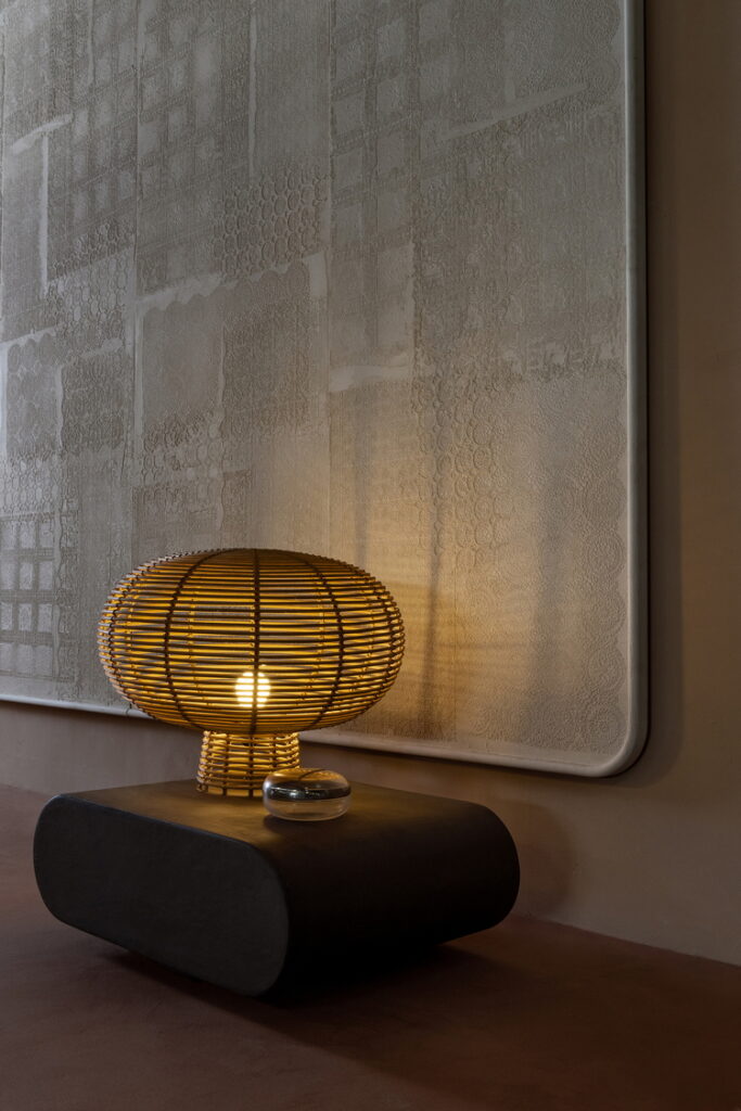 Fuorisalone in Milan, 2019, Matteo Brioni's dust colour clay pattern plaster TerraEvoca on Arazzi panels by Marialura Rossiello Irvine, photo by Nathalie Krag