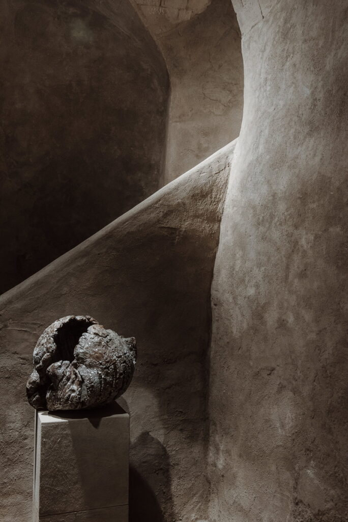 Matteo Brioni's coarse-grained clay plaster MultiTerra Wabi Sale Grigio (gray salt color) applied on walls in the Kalpa Art Living Gallery of Volterra, project by Olga Niescier, photo by Simone Stanislai